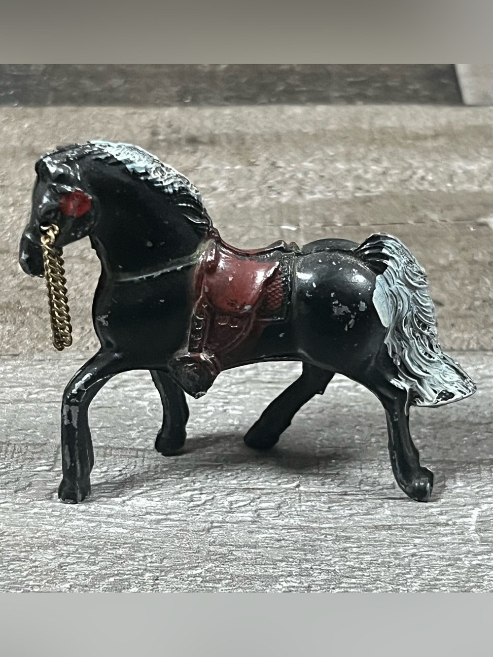 Vintage 1950’s Horse Figure Black Cast Metal Painted Toy Red Saddle Chain Rein